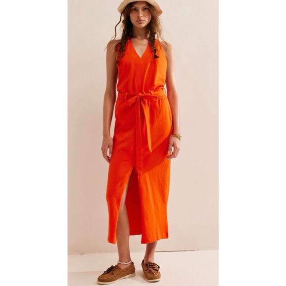Free People Beach NWT Randi Midi Orange Front Slit Dress Tangerine Tango, Small - Picture 1 of 10